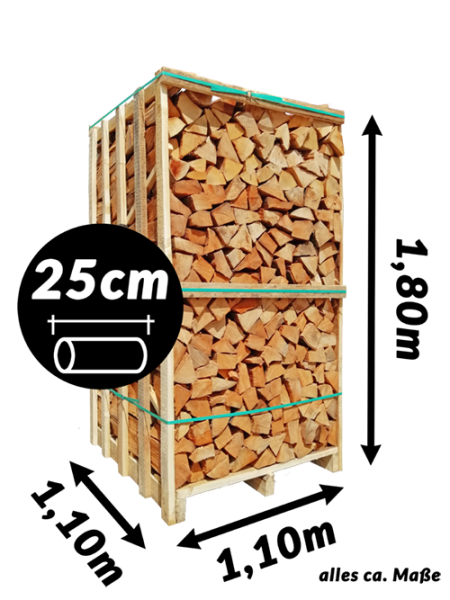 Buchenholz in 25 cm Holzlänge, kammergetrocknet mit Einwegbox (1,7 RM / 2,8 SRM)
